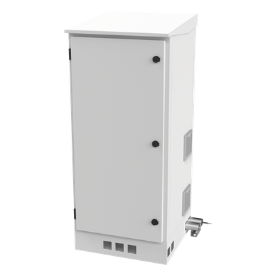 Gabinete de Piso Exterior / Rack 19″ 16 U / Ventiladores con Termostato / IP-54 / Espacio para 2 Baterías / 110 VCA / 600 x 1429 x 5 mm