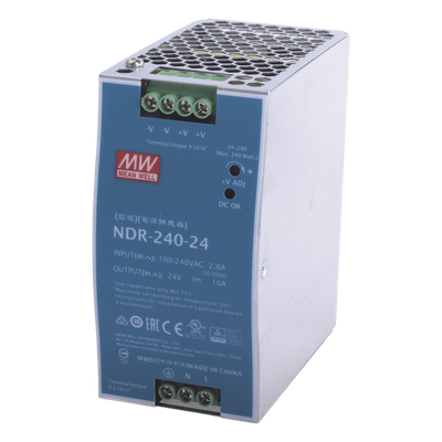 Fuente de Poder Industrial / Riel DIN / 240W / 24Vcc / 10A / Entrada 90-264Vca / Eficiencia 88.5% / Sin Ventilador
