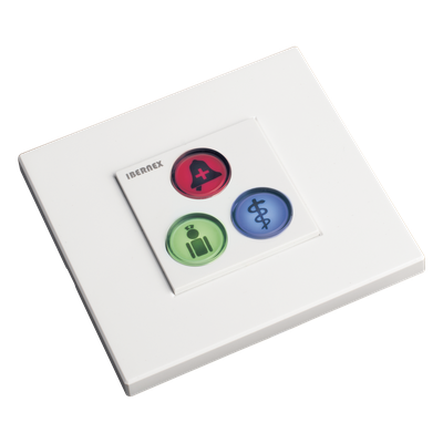 Módulo de Botones para Llamada Paciente-Enfermera / 3 Teclas Iluminadas / Lector RFID 125 KHz / BUS RS485 / Instalación Empotrada 2×2 pulgadas o Superficie
