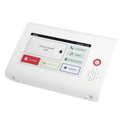 Terminal Inteligente para Habitación Hospitalaria / Pantalla Táctil 7″ / RFID 125 kHz / VoIP SIP Bidireccional / PoE IEEE 802.3af / Bus RS485 / Carcasa Antibacteriana