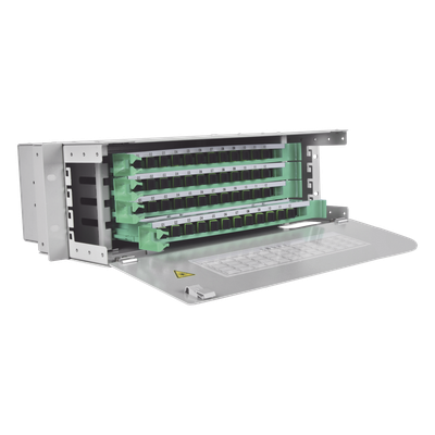Distribuidor de Fibra Óptica / 48 Empalmes / 48 Acopladores SC/APC / 48 Pigtails 1.5 m / Rack 19′ / 3 UR / 250 mm Profundidad
