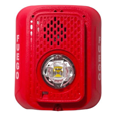 Sirena con Estroboscopio LED / 2 Hilos / Montaje en Pared / Candela Seleccionable 15-185 cd / Marcaje FUEGO / Compatible SpectrAlert