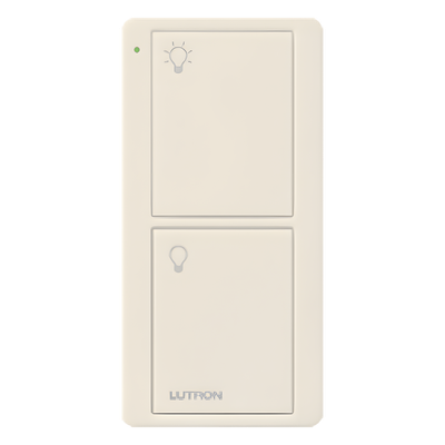 Control Inalámbrico RF / 2 Botones On/Off / Alcance 9 m (30 ft) / Integración con Atenuadores y Hubs / Montaje en Pared o Portátil / Acabado Gloss Light Almond