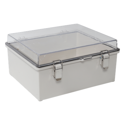 Gabinete Plástico ABS / Puerta Transparente Policarbonato / 300 x 300 x 180 mm (11.8 x 11.8 x 7.1 in) / Uso en Intemperie / Cierre por Broches Inoxidables / Compatible con Placa Interna