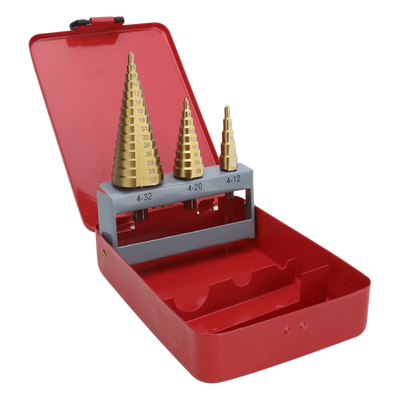 Juego de Brocas Escalonadas / 3 Piezas / 4-12 mm / 4-20 mm / 4-32 mm / HSS / Para Metal y Plástico