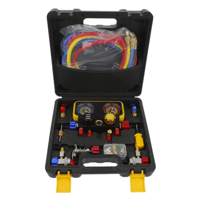 Manómetro de 4 Vías / Compatible con R410A, R32, R134A, R22 / 4 Mangueras 1.5 m / Cuerpo Cobre y ABS / Estuche Incluido
