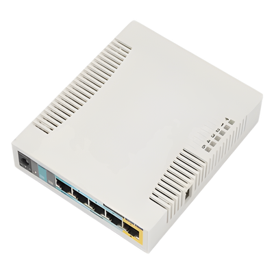 RouterBoard / 5 Puertos Fast Ethernet / WiFi 2.4 GHz 802.11b/g/n / 1000 mW / PoE Pasivo Salida / CPU 600 MHz