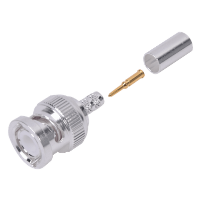 Conector Coaxial BNC Macho / Anillo Plegable / Cuerpo Bronce Plateado / Contacto Oro / Aislante Teflón / Cables RG-58/U, RG-142/U, LMR-195