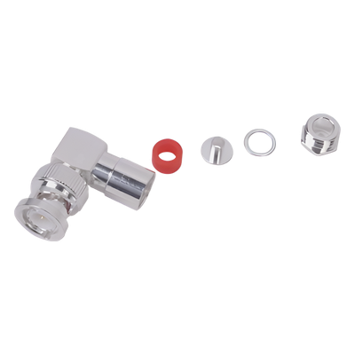 Conector Coaxial BNC Macho / Ángulo Recto / Rosca / Bronce Plateado / Contacto Oro / Teflón / RG-58/U, RG-142/U, LMR-195