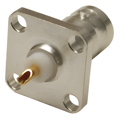 Conector BNC Hembra para Chasis / Montaje en Panel 17.53 mm / 4 Perforaciones 12.7 mm (0.5 in) / Impedancia 50 Ohm / Terminación por Soldadura