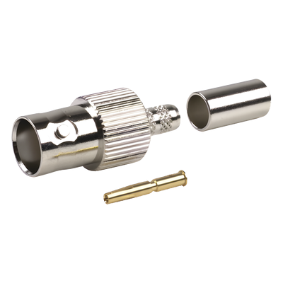 Conector BNC Hembra / Anillo Plegable / Cables RG-8/X, LMR-240, 9258 / Cuerpo Bronce Niquelado / Contacto Oro 24K / Aislamiento Delrin