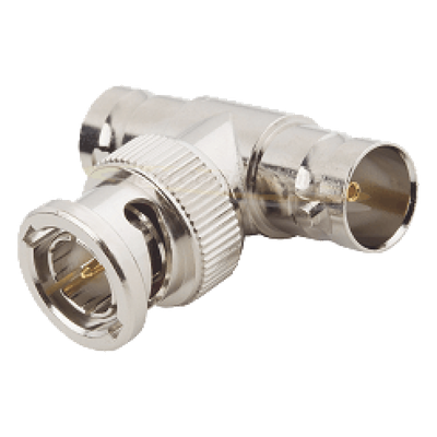 Adaptador RF en T / BNC Macho a Doble BNC Hembra / 50 Ohm / Cuerpo Niquelado / Contacto Oro / Aislante Teflón