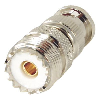 Adaptador RF en Línea / 50 Ohm / BNC Macho a UHF Hembra SO-239 / Cuerpo Níquel / Contacto Oro / Aislante Delrin