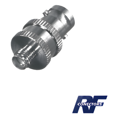 Adaptador de Conector RF / BNC Hembra a SMA Hembra / Montaje en Línea / Cuerpo Niquelado / Contacto de Oro / Aislante de Teflón