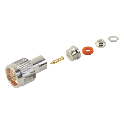 Conector RF N Macho / Ensamble por Rosca / Compatibilidad RG-58/U y RG-142/U / Cuerpo Bronce Plateado / Contacto Oro / Aislante Teflón