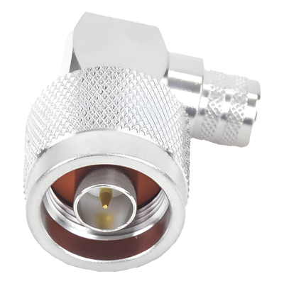 Conector Coaxial N Macho / Ángulo Recto / Anillo Plegable / Cables LMR-400 y Equivalentes / Cuerpo Bronce Plateado / Contacto Oro / Aislante Teflón