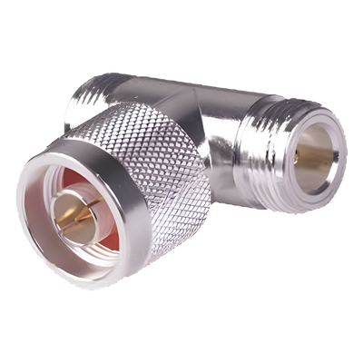 Adaptador RF en T / Conector N Macho a Doble N Hembra / Cuerpo Bronce Plateado / Contacto Oro / Aislante Teflón
