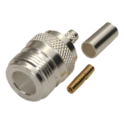 Conector Coaxial N Hembra / Anillo Plegable / Cables LMR-240, RG-8/X, 9258 / Bronce Niquelado / Contacto Oro / Aislante Teflón