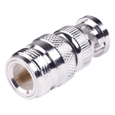 Adaptador RF Coaxial / 50 Ohm / N Hembra a BNC Macho / Montaje en Línea / Cuerpo Bronce Plateado / Contacto Oro / Aislante Teflón