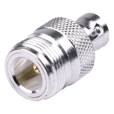 Adaptador Coaxial en Línea / N Hembra a BNC Hembra / Cuerpo Bronce Plateado / Contacto Oro / Aislante Teflón