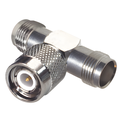 Adaptador RF en T / TNC Macho a Doble TNC Hembra / 50 Ohm / Bronce Niquelado / Contacto Oro / Aislante Teflón