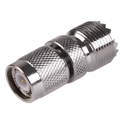 Adaptador de Conector RF / TNC Macho a UHF Hembra SO-239 / Montaje en Línea / Cuerpo Bronce Niquelado / Contacto Oro / Aislante Teflón
