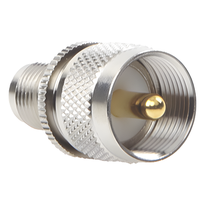 Adaptador de Conector RF / TNC Hembra a UHF Macho PL-259 / Montaje en Línea / Cuerpo Níquel / Contacto Oro / Aislante Teflón
