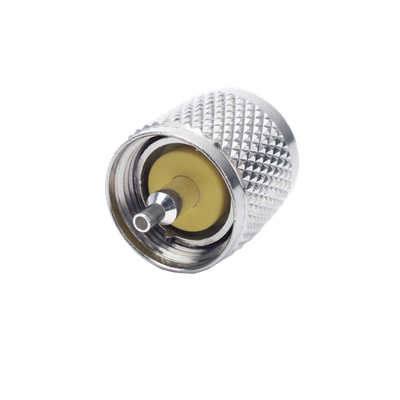 Conector Coaxial UHF Macho / PL-259 / Anillo Plegable / RG-8/X, LMR-240, 9258 / Níquel-Plata / Baquelita