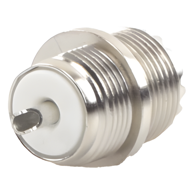 Conector UHF Hembra / Montaje Frontal en Panel D Plano / Cuerpo Zinc Niquelado / Contacto Plateado / Aislante Baquelita / Soldable
