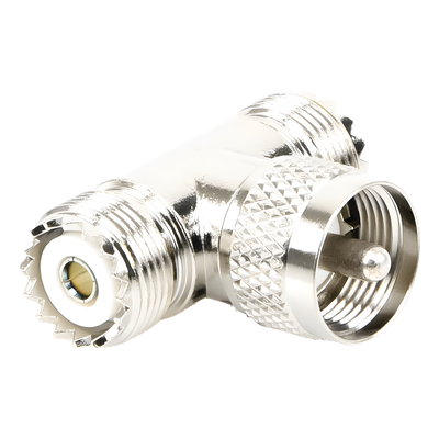 Adaptador RF en T / UHF Macho PL-259 a Doble UHF Hembra SO-239 / 50 Ohm / Níquel-Plata / Delrin