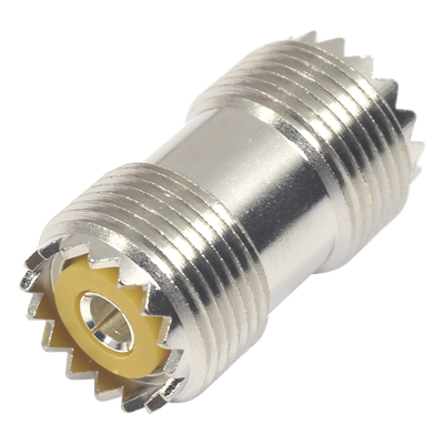 Adaptador Coaxial Barril / UHF Hembra SO-239 a UHF Hembra SO-239 / Montaje en Línea / Cuerpo Bronce Niquelado / Contacto Plateado