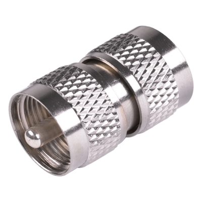 Adaptador RF Coaxial / UHF Macho a UHF Macho / Barril en Línea / Cuerpo Bronce Niquelado / Aislante Teflón