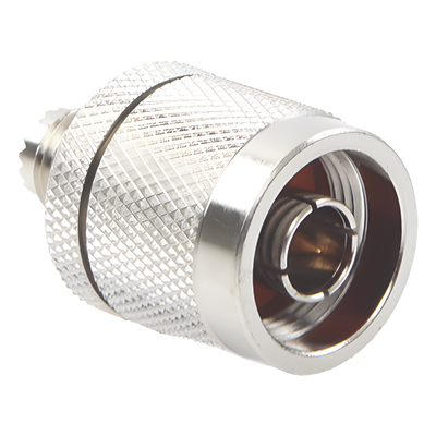 Adaptador Coaxial en Línea / Mini UHF Hembra a N Macho / Cuerpo Bronce Niquelado / Contacto Oro / Aislante Teflón
