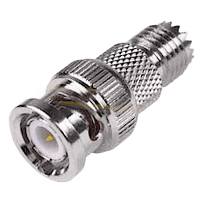 Adaptador de Conector RF / Mini-UHF Hembra a BNC Macho / Montaje en Línea / Impedancia 50Ω / Cuerpo Bronce Niquelado / Contacto Oro 24K / Aislante Teflón