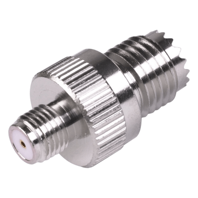 Adaptador RF Coaxial / Mini-UHF Hembra a SMA Hembra / Montaje en Línea / Cuerpo Bronce Niquelado / Contacto Oro / Aislante Teflón