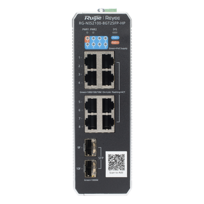 Switch Industrial PoE+ / 8 Puertos Gigabit / 1 PoE++ 60W / 7 PoE+ 30W / 2 SFP Uplink / 300W Total / Capacidad 20 Gbps / Layer 2