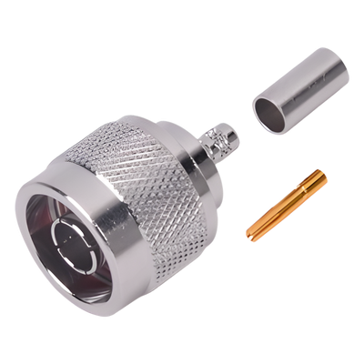 Conector N Macho Inverso / Anillo Plegable / Cuerpo Bronce Niquelado / Contacto Oro / Teflón / RG-58/U, RG-142/U
