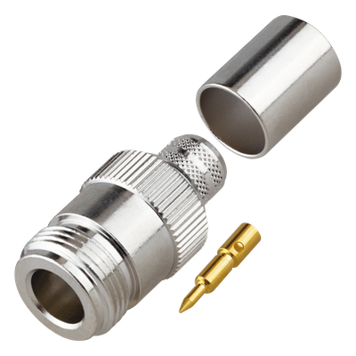 Conector RF Coaxial / N Hembra Inverso / Anillo Plegable / Cables RG-8/U, 9913, LMR-400 / Grupo I / Níquel-Oro-Teflón
