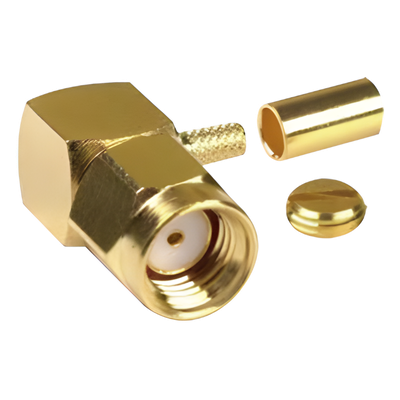 Conector Coaxial SMA Macho Inverso / Ángulo Recto / Anillo Plegable / Compatibilidad RG-174/U y Belden 8216 / Cuerpo Bronce con Recubrimiento de Oro / Aislante Teflón