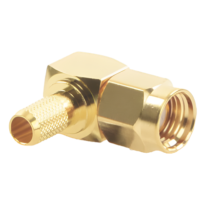 Conector SMA Macho Inverso / Ángulo Recto / Anillo Plegable / Cables RG-58/U y RG-142/U / Cuerpo Bronce Oro / Aislante Teflón