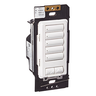 Botonera Híbrida Inalámbrica / 5 Botones Programables / Atenuador Integrado 450 W / RF 431-437 MHz / Instalación 2 Hilos o con Neutro