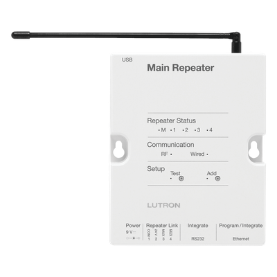 Repetidor principal RadioRA 2 / 434 MHz / alcance RF 9 m (cubre 232 m²) / Ethernet, RS232 y RS485 / reloj astronómico / hasta 100 dispositivos