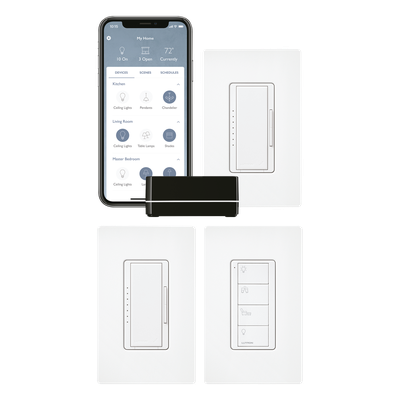 Kit de Inicio para Control Inteligente de Iluminación / Hasta 100 Dispositivos Inalámbricos / Control por App iOS y Android / Compatible con Alexa y Google Assistant / Comunicación RF Clear Connect / Incluye 2 Atenuadores, Control Pico y Placas de Pared