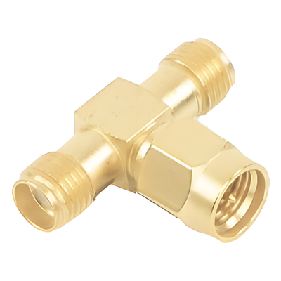 Adaptador RF en T / SMA Macho a Doble SMA Hembra / Recubrimiento de Oro / Aislante de Teflón