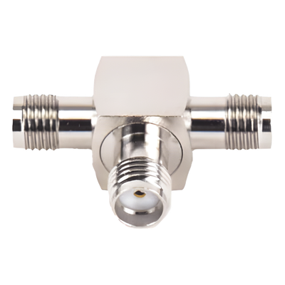 Adaptador RF en T / Triple Conector SMA Hembra / Frecuencia 18 GHz / Cuerpo Bronce Niquelado / Aislante Teflón
