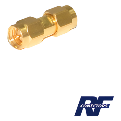 Adaptador RF Tipo Barril / SMA Macho a SMA Macho / Montaje en Línea / Cuerpo Bronce Oro / Aislante Teflón