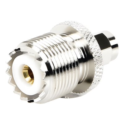 Adaptador Coaxial en Línea / SMA Macho a UHF Hembra (SO-239) / Cuerpo Bronce Niquelado / Contacto Oro / Aislante Teflón