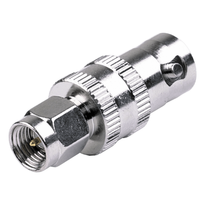 Adaptador RF Coaxial / SMA Macho a BNC Hembra / En Línea / Cuerpo Bronce Niquelado / Contacto Oro / Aislante Teflón