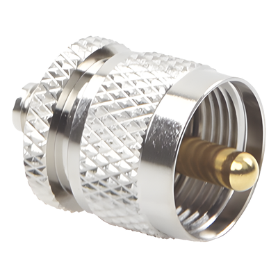 Adaptador RF en Línea / SMA Hembra a UHF Macho (PL-259) / Cuerpo Bronce Niquelado / Contacto Oro / Aislante Teflón