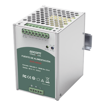 Fuente de Poder Industrial / 48 VCC @ 10A / 480W / Entrada Universal 100-240 VCA / Operación -20°C a 70°C / Riel DIN